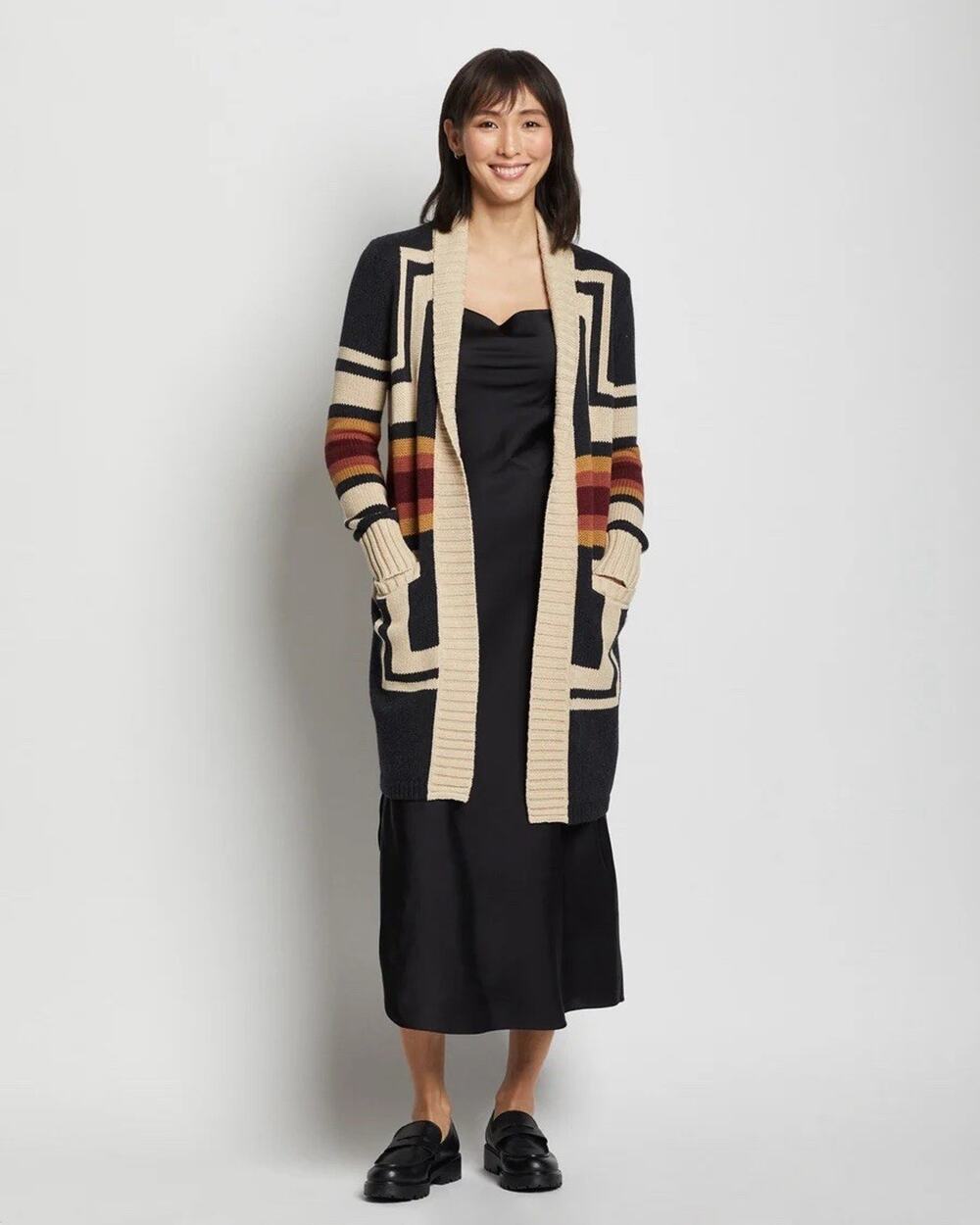 Pendleton Tan Black Harding Shawl Collar LONG Cardigan Cotton Wool Aztec M